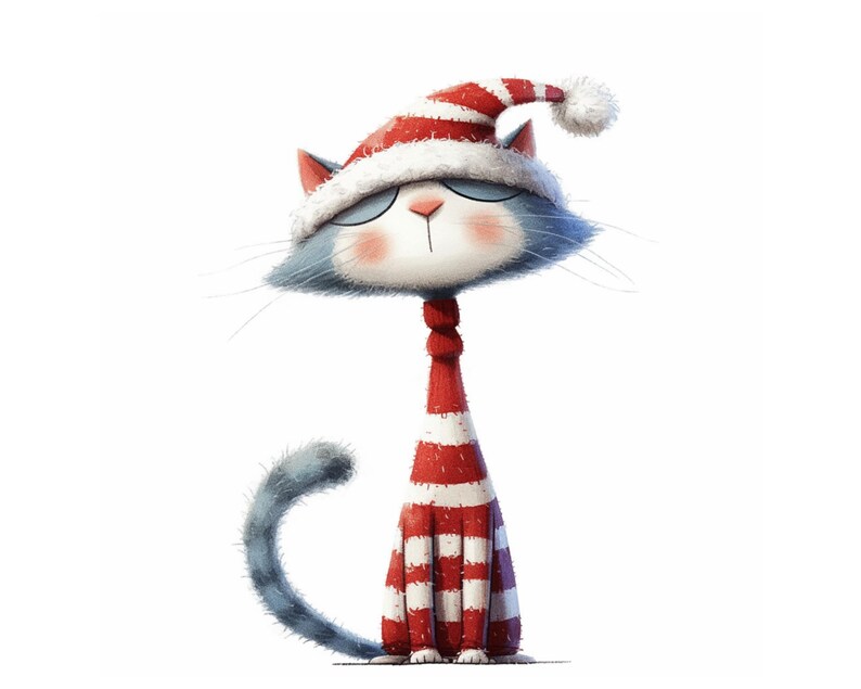 May include: A blue cat wearing a red and white striped scarf and a red and white Santa hat with a white pom-pom.
