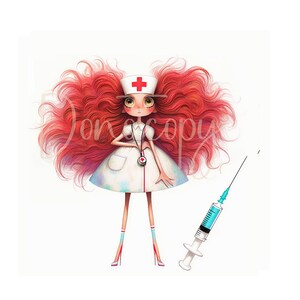 Peut inclure: Une illustration de dessin anim&eacute; d'une infirmi&egrave;re avec des cheveux roux portant une tenue d'infirmi&egrave;re blanche et un chapeau de croix rouge. Elle tient un st&eacute;thoscope et une seringue est en arri&egrave;re-plan.