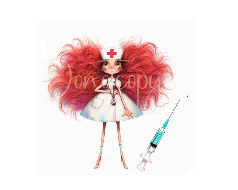 Peut inclure: Une illustration de dessin anim&eacute; d'une infirmi&egrave;re avec des cheveux roux portant une tenue d'infirmi&egrave;re blanche et un chapeau de croix rouge. Elle tient un st&eacute;thoscope et une seringue est en arri&egrave;re-plan.
