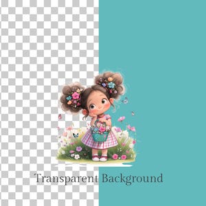 May include: A cartoon illustration of a girl with brown hair and a floral headband holding a basket of flowers. She is wearing a pink and white dress and is standing in a field of flowers. The background is a light blue color.