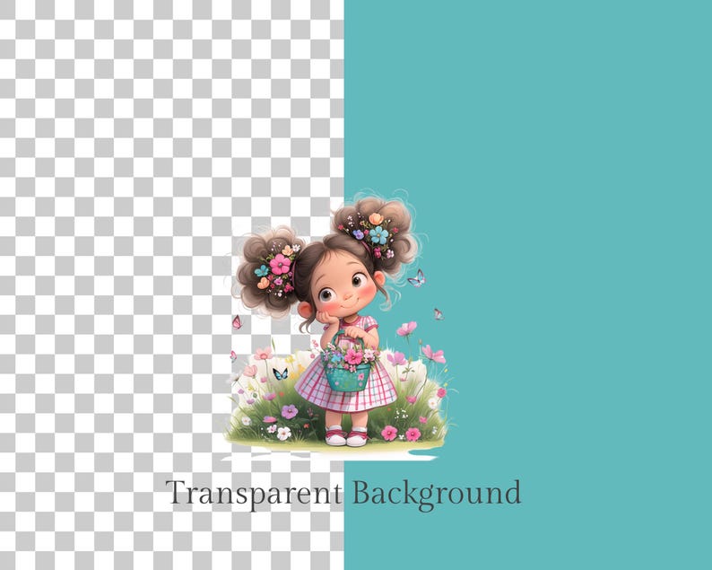 May include: A cartoon illustration of a girl with brown hair and a floral headband holding a basket of flowers. She is wearing a pink and white dress and is standing in a field of flowers. The background is a light blue color.