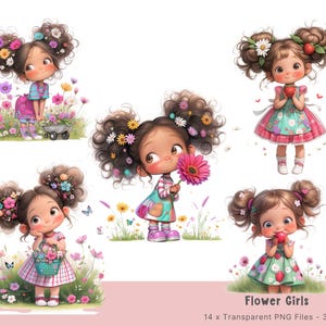 May include: Four digital illustrations of girls with flowers in their hair. Each girl is wearing a different dress and holding a different object. The text "Flower Girls" is at the bottom of the image.