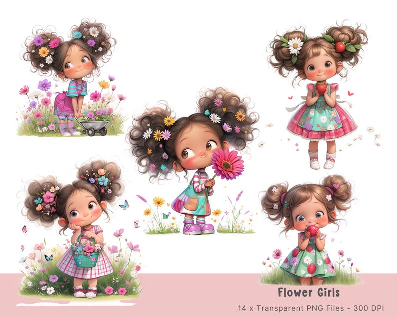 May include: Four digital illustrations of girls with flowers in their hair. Each girl is wearing a different dress and holding a different object. The text "Flower Girls" is at the bottom of the image.