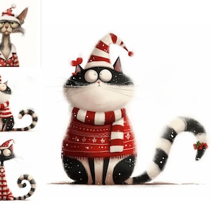 Lot de 15 cliparts de chats de Noël originaux en JPG haute résolution Chats mignons et rigolos Chats rigolos Fabrication de cartes de Noël Animaux de Noël originaux Chats fantaisistes