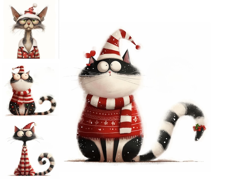 May include: Three black and white cats wearing red and white Christmas sweaters and hats. The cats are all looking at the camera. The cat in the center is the largest and has a long, striped tail.