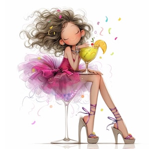 May include: A cartoon illustration of a girl wearing a pink dress and high heels, holding a glass of yellow liquid with a lemon wedge and a cherry. Confetti is falling around her.