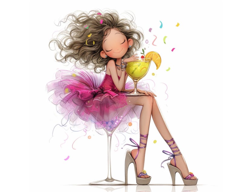 May include: A cartoon illustration of a girl wearing a pink dress and high heels, holding a glass of yellow liquid with a lemon wedge and a cherry. Confetti is falling around her.