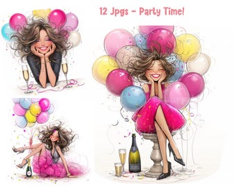 Clipart de acuarela de chicas fiesteras, diario basura, scrapbooking - Descarga digital