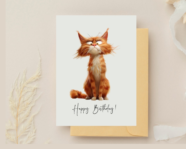 May include: A greeting card featuring a cartoon orange cat with a grumpy expression. The card has the text "Happy Birthday!" written in black cursive.