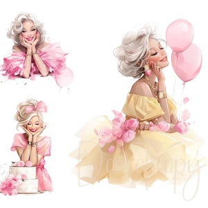 Birthday Ladies Clipart 11 Party Clipart Printable Watercolour clipart High Quality JPG Paper craft junk journals, Birthday Clipart Balloons