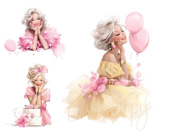 Clipart de cumpleaños para damas 11 Clipart de fiesta Clipart de acuarela imprimible Clipart de alta calidad JPG Manualidades de papel Diarios basura, Clipart de cumpleaños Globos