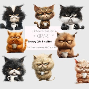 Puede incluir: Un conjunto de imágenes de clip art digital que presentan gatos gruñones sosteniendo tazas de café. Los gatos están en varias poses y tienen diferentes colores y patrones de pelaje. El texto "COMMERCIAL USE CLIP ART" y "Grumpy Cats & Coffee" se muestra sobre un fondo blanco.