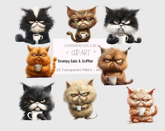 May include: A set of digital clip art images featuring grumpy cats holding mugs of coffee. The cats are in various poses and have different fur colors and patterns. The text "COMMERCIAL USE CLIP ART" and "Grumpy Cats & Coffee" is displayed on a white background.