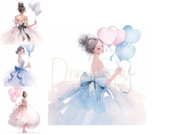 12 imágenes prediseñadas de cumpleaños para niñas, imágenes prediseñadas de fiesta, imágenes prediseñadas de acuarela imprimibles, JPG de alta calidad, manualidades en papel, diarios de recortes, imágenes prediseñadas de cumpleaños, globos