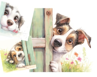 Imágenes prediseñadas de perro asomándose, 12 imágenes JPG en acuarela para álbumes de recortes, tarjetas y descarga digital.