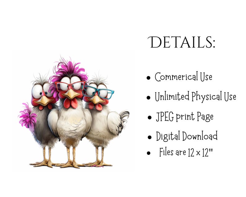 May include: Three cartoon chickens with expressive eyes and vibrant accessories. One chicken wears pink glasses and a matching feather, another has red glasses, and the third sports blue glasses. The image includes the text "DETAILS:" and bullet points about the product.