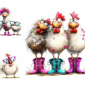 May include: Whimsical illustration of chickens wearing glasses and boots. One chicken wears a floral headpiece. The chickens are in pink, teal, and purple boots. The chickens have red combs and are standing on grass.