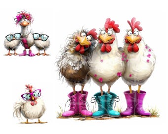Funny Chickens Clipart, Quirky Chicken Art (Digital Download)