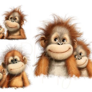May include: Two pairs of orangutans, one adult and one baby, are shown in a digital illustration. The orangutans have brown fur and are smiling. The orangutans are looking at the viewer.