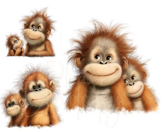 Funny Orangutan Clipart, Whimsical Watercolor Monkey Art (12 JPGs)