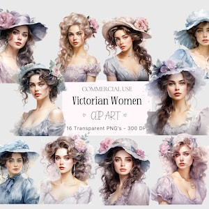 Clipart femmes victoriennes - aquarelle dame victorienne Clipart, femmes vintage PNG, robe victorienne png, journal indésirable victorien, usage Commercial