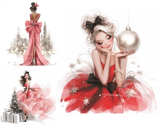 Clipart de fiesta de chicas navideñas, clipart imprimible, clipart de acuarela, alta calidad, 12 JPG, manualidades de papel, diarios basura, clipart navideño, efímera