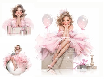 Clipart de cumpleaños para niñas, fiesta, damas, imprimible, acuarela, alta resolución, 14 JPG, descargas digitales