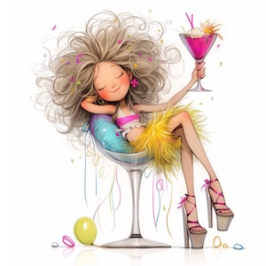 May include: A cartoon illustration of a woman with long blonde hair sitting in a large martini glass. She is wearing a yellow skirt, a pink top, and high heels. She is holding a pink cocktail in her hand. There are confetti and streamers in the background.