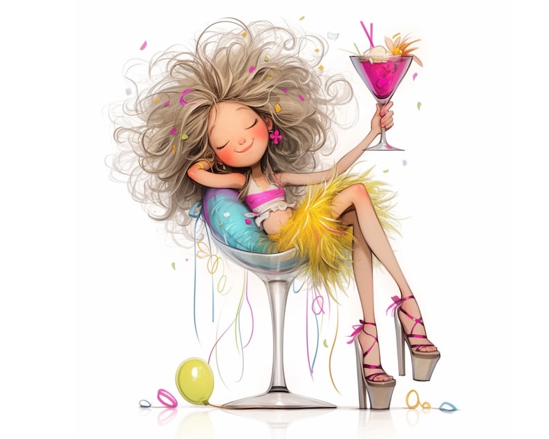 May include: A cartoon illustration of a woman with long blonde hair sitting in a large martini glass. She is wearing a yellow skirt, a pink top, and high heels. She is holding a pink cocktail in her hand. There are confetti and streamers in the background.