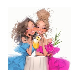 May include: Two women in summer dresses are sitting at a table outside, smiling and holding cocktails. The woman on the left is wearing a blue dress and the woman on the right is wearing a pink dress. They are both holding glasses of orange juice with a slice of lemon in them.