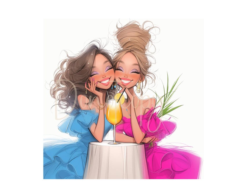 May include: Two women in summer dresses are sitting at a table outside, smiling and holding cocktails. The woman on the left is wearing a blue dress and the woman on the right is wearing a pink dress. They are both holding glasses of orange juice with a slice of lemon in them.