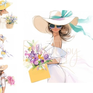 10 chicas de verano, damas Clipart Clipart imprimible Clipart de acuarela JPG de alta calidad Manualidades en papel Diarios basura, Clipart de moda Efímera
