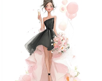 Birthday Girl Watercolor Clipart, Party Dress, Balloons (JPG Files)