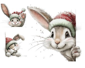 Christmas Bunnies Clipart, Funny Christmas Clipart 12 Hi Res JPGs - Digital Download - Peeking Bunnies