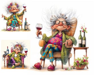 Funny Old Lady Clipart, 14 Hi Res JPGs, Old Lady and Wine Digital Paper Craft, Digital Download