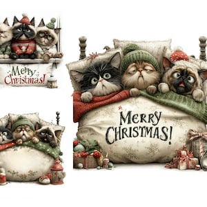 May include: A whimsical illustration features three cats in a bed, wearing hats and scarves, with the text "Merry Christmas!". The cats are nestled under a blanket, surrounded by gifts and decorations, creating a festive holiday scene.