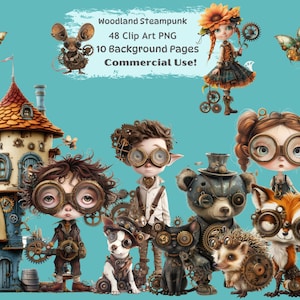 Clipart Steampunk, Quirky Woodland Animal png clipart Bundle, 10 sfondi, per la creazione di biglietti, collage, libri, diario spazzatura, uso commerciale