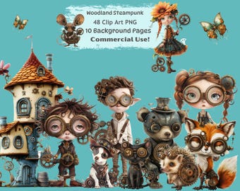 Pacchetto di clipart di animali steampunk del bosco / 48 PNG, 10 sfondi (download digitale)