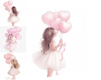 15 Little Girl With Balloon Clipart Party Clipart Printable Watercolour clipart High Quality JPG Paper craft junk journals, Birthday Clipart