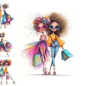Clip art shopping insolite 12 JPG aquarelles haute résolution, journalisation indésirable Scrapbooking, fabrication de cartes, cliparts shopping dames, fantastique, fantaisiste