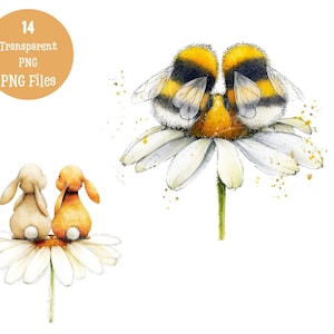 May include: Watercolor illustration featuring two bumblebees and two bunny figures perched on white daisy flowers. The image includes the text "14 Transparent PNG PNG Files" in a circular orange shape.