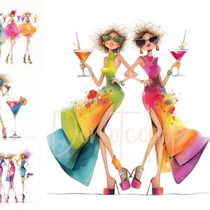 Eigenzinnige dames Clip Art 15 high-res aquarel JPGs Junk Journaling, scrapbooking, kaarten maken, digitale download, fantasie, damescocktails
