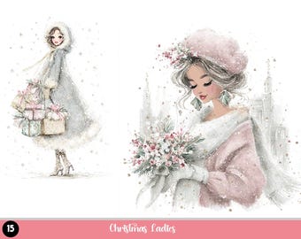 Christmas Girls Clipart – 15 Watercolour Party Illustrations - Digital Download