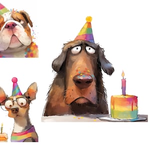 Quirky Dogs 15 High Res Watercolor JPGs Junk Journaling Scrapbooking Card Making Digital Download, Happy Birthday, Funny Dogs Clipart