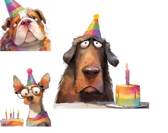 Puede incluir: Una ilustración caprichosa presenta tres perros con sombreros de fiesta. Uno es un bulldog, otro un perro marrón y el tercero un perro pequeño con gafas. También hay un pastel arcoíris con una vela encendida.