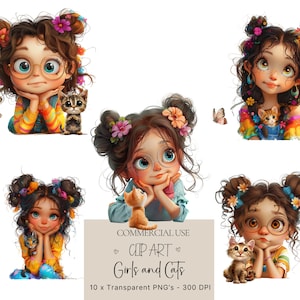 Quirky Girls and Cats Clipart Bundle Whimsical Girls Clipart Quirky Girls and Cats Clipart,Cute Girls Cats PNG, Cute Girls and Cats Clipart