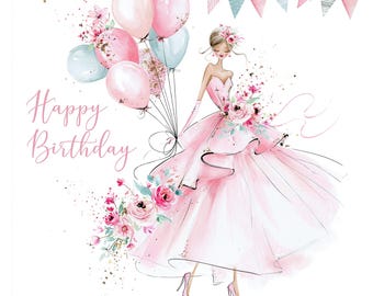 Happy Birthday Card - Birthday Girl Celebration Clipart  Watercolor Clipart - Digital Download