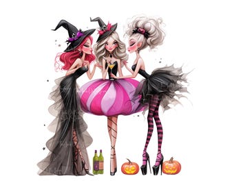 Halloween Clip Art 10 High Res Watercolour JPGs Scrapbooking, Card Making, Digital Download, Halloween Party Girls Junk Journal, Ephemera