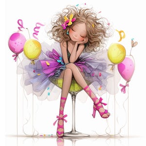 May include: A cartoon illustration of a girl with long brown hair wearing a pink and purple dress and pink shoes. She is sitting in a martini glass with a green drink. There are pink and yellow balloons around her.