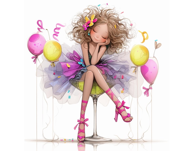 May include: A cartoon illustration of a girl with long brown hair wearing a pink and purple dress and pink shoes. She is sitting in a martini glass with a green drink. There are pink and yellow balloons around her.